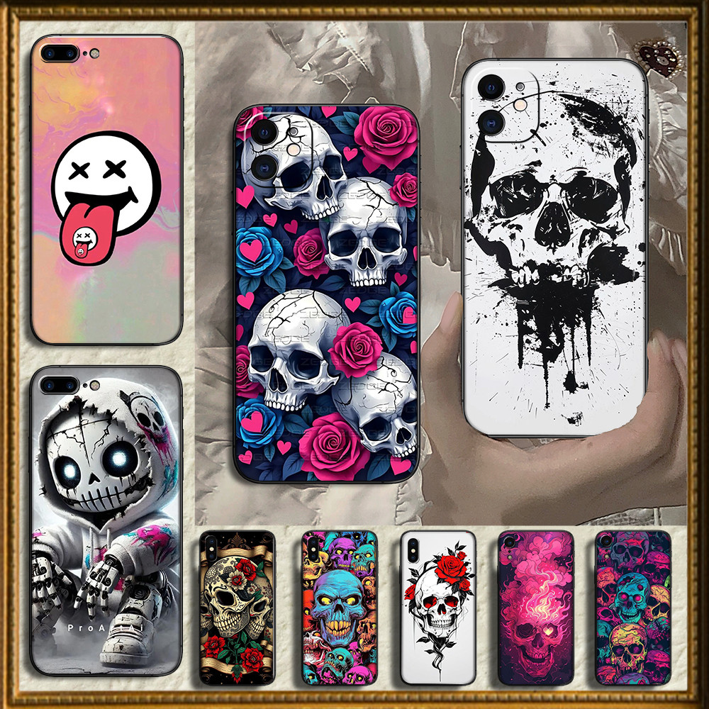 เคสTPUสีดําแบบนุ่มสําหรับiPhone XS 11 16 Plus Pro Max 5VDปลอกหัวกะโหลกสร้างสรรค์