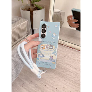 เคสโทรศัพท์แมวการ์ตูนสีฟ้าพร้อมเชือกกันหาย สําหรับ Samsung Galaxy Z Fold5/Fold6/Fold7