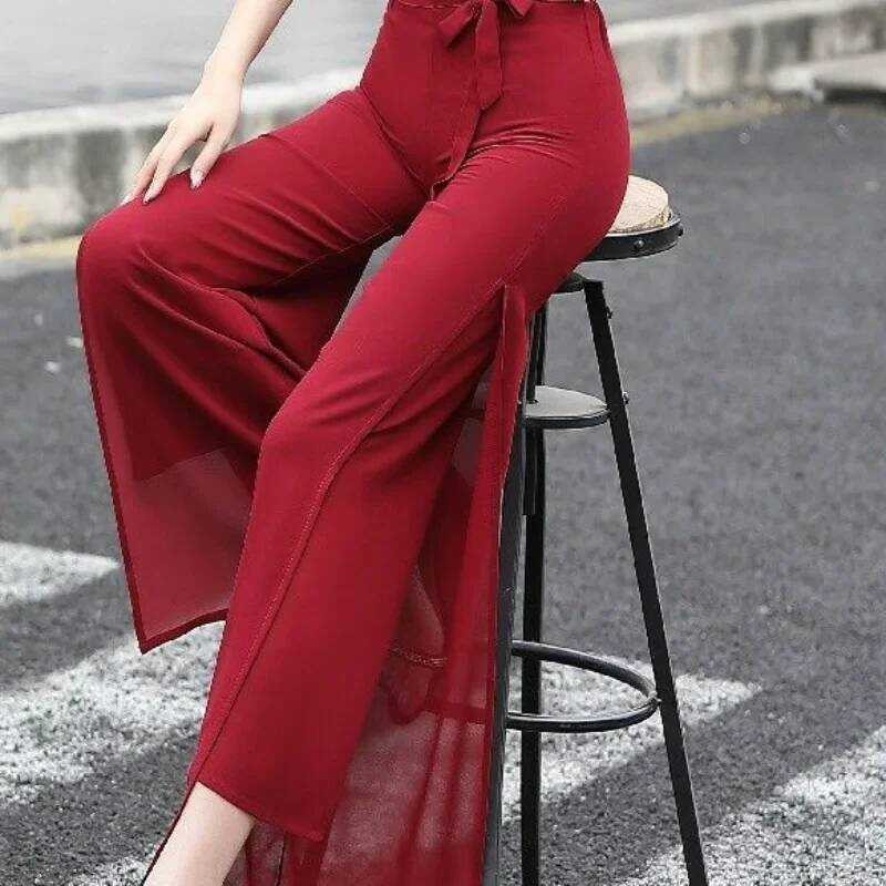 ▥ กางเกงสำหรับเสื้อผ้าผู้หญิงขาบานสีดำกางเกงเอวสูงเซ็กซี่กางเกงผู้หญิงผ้าฝ้าย G เก๋และสง่างาม90