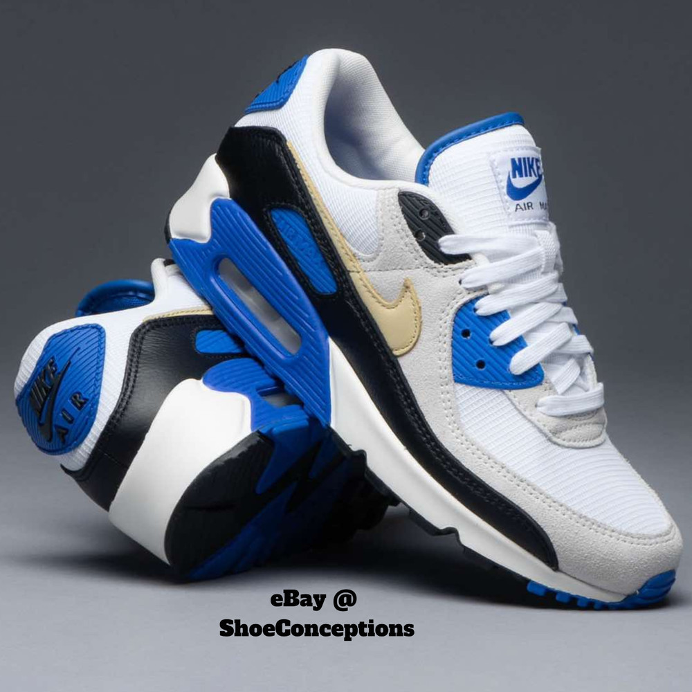 ♞,♘,♙จัดส่งรวดเร็ว Nike Air Max 90 PRM รองเท้าสีขาวสีดํา Racer Blue HF3449-100 ขนาดผู้ชาย NEW jiu T