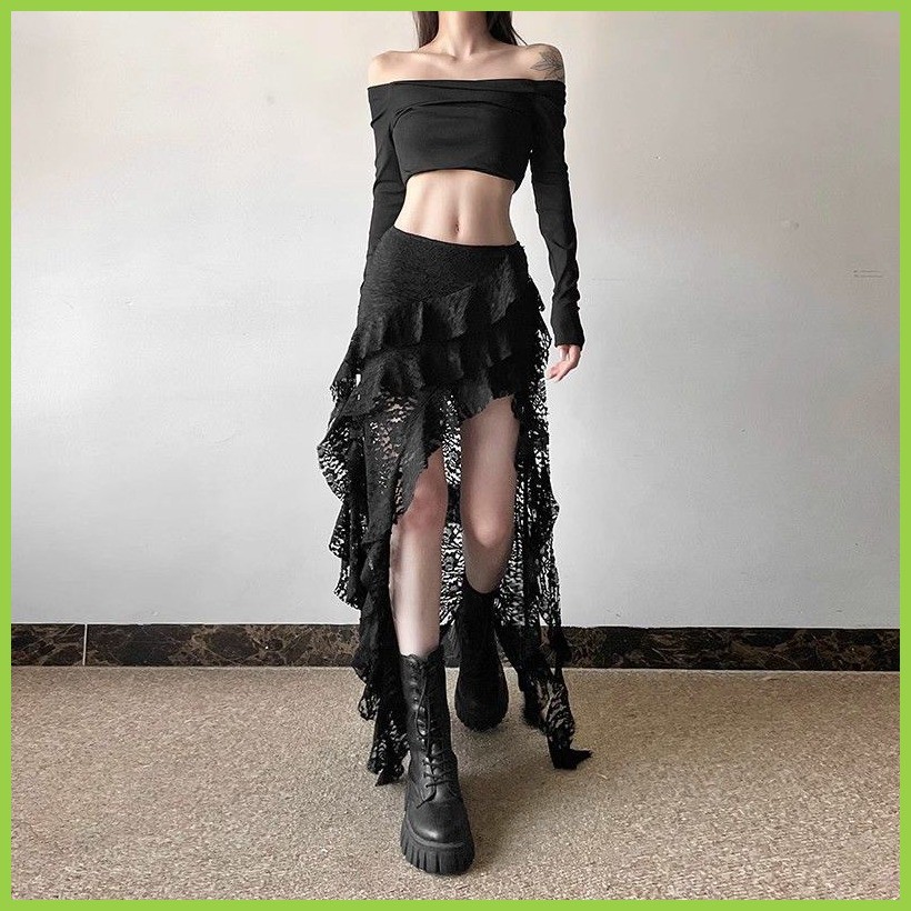 กระโปรงยาวสุดเซ็กซี่ ลูกไม้กุหลาบ+ระบายชั้นสไตล์เค้ก เอวสูงพลิ้ว สำหรับหน้าร้อน 2025