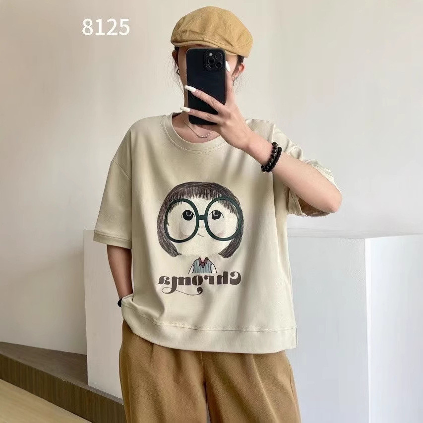 ♞,♘,♙สินค้าใหม่เวอร์ชั่นเกาหลี หลวมสบายรอบคอ เสื้อสวมหัวเชือกรูด แขนสั้น การ์ตูนเสื้อยืดผู้หญิง FTH