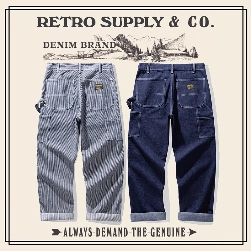 GRND Old Times Miner American Ami Khaki Denim สีหลัก Denim Stripes Loose Overalls