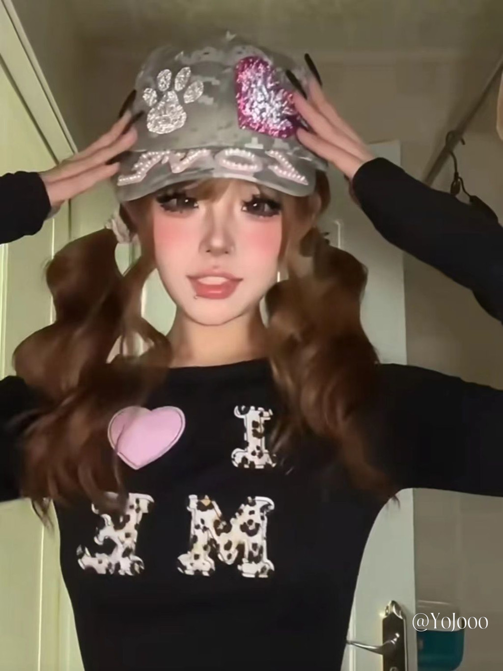 @ YoJooo American Retro Washed Letter Camouflage เบสบอลหมวก y2k สาวร้อน Heavy Industry หมวก Rhinestone หมวกลูกสุนัข - รูปที่ 3