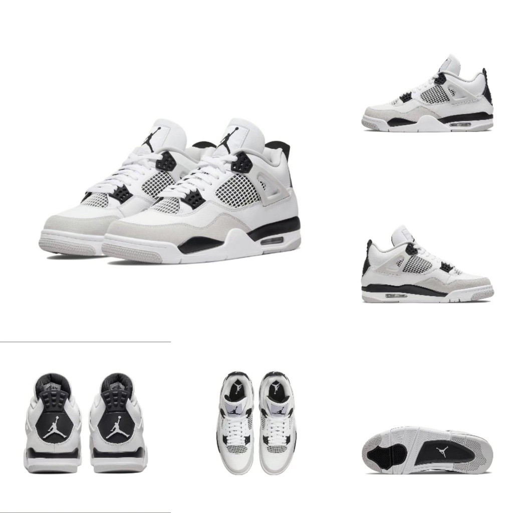 ♞,♘,♙Air Jordan 4 Retro "Military Black" รองเท้าบาสเก็ตบอลรองเท้าผู้ชายสีเทาสีขาวสีดํา DH6927-111 A