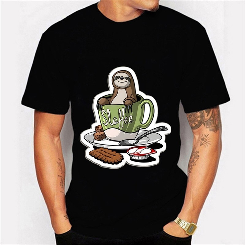 ♞,♘,♙【COD】Brand Men's T-Shirt Sloffee Sloth Coffee Print Tshirts Short Sleeve Men's T-Shirt Casual