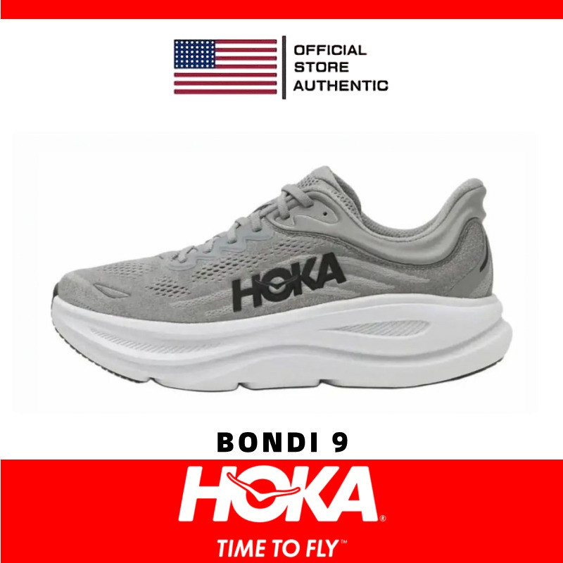 รองเท้าผ้าใบ Hoka One Bondi 9 ของแท้ 100% สำหรับผู้ชายและผู้หญิง รองเท้าวิ่งลำลอง สีเทา