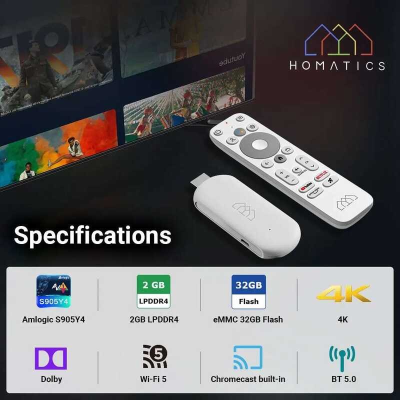 แท่งทีวี ☢ HOMATICS 4K Netflix Certified Amlogic S905y4 Google TV 11.0 Box H.265 2T2r รองรับ Wi