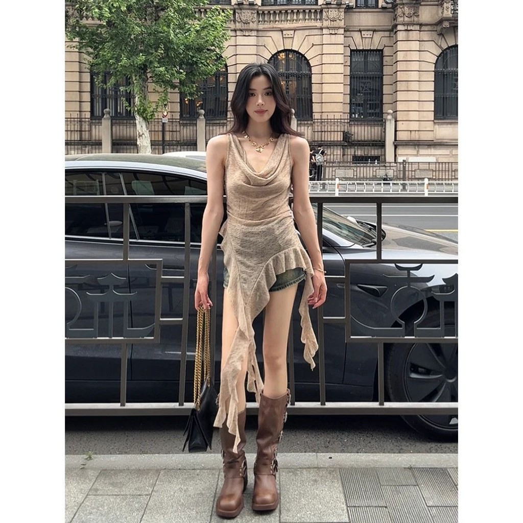 French Ruffled Camisole ผู้หญิงไม่สม่ําเสมอริบบิ้น Slim-fit Slimmer ดูด้านบน