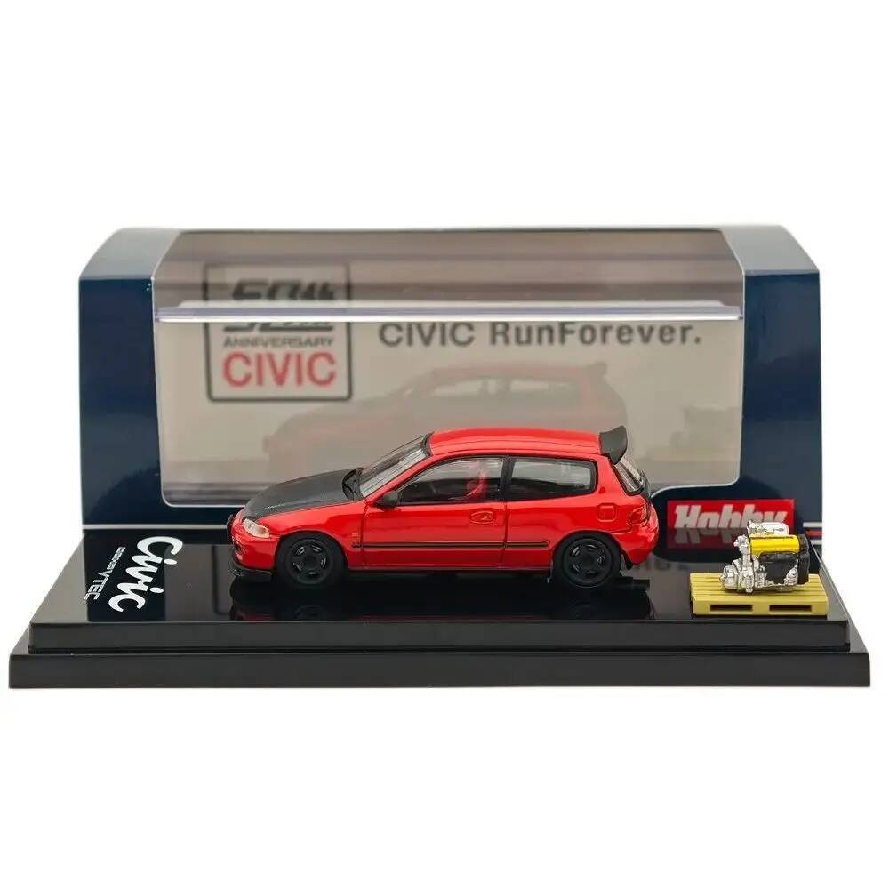 Hobby Japan 1/64 Civic (EG6) เวอร์ชันปรับแต่งพร้อมจอแสดงผลเครื่องยนต์ สีแดง HJ642017AR Diecast Model