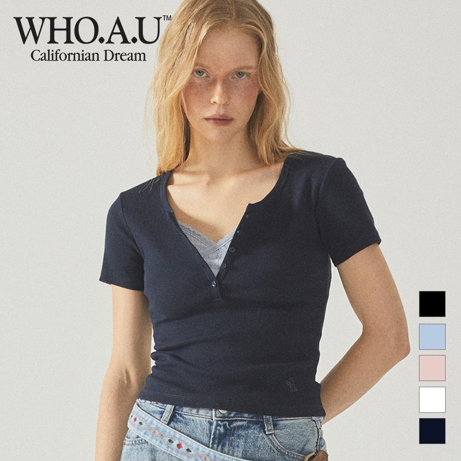 ♞,♘[WHO.AU] เสื้อยืดแขนสั้นคอ Henley Ribbed  WHRAF2422F WHF