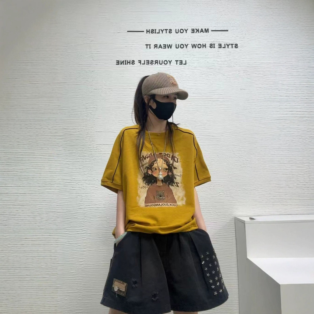 ♞,♘ใหม่น่ารักลดอายุการ์ตูนพิมพ์รอบคอด้านบนเสื้อยืดแขนสั้น FTH