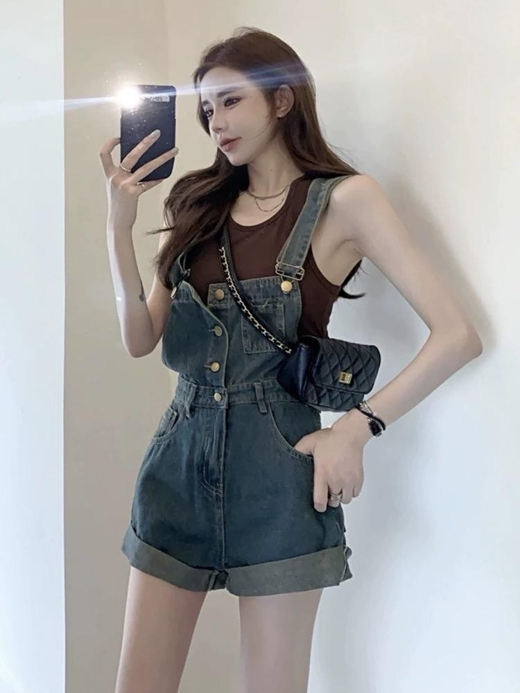 Retro Curled Denim Overalls ผู้หญิงสไตล์ใหม่เอวสูง Slimmer ดูขนาดเล็กตรง Jumpsuit กางเกงขาสั้น