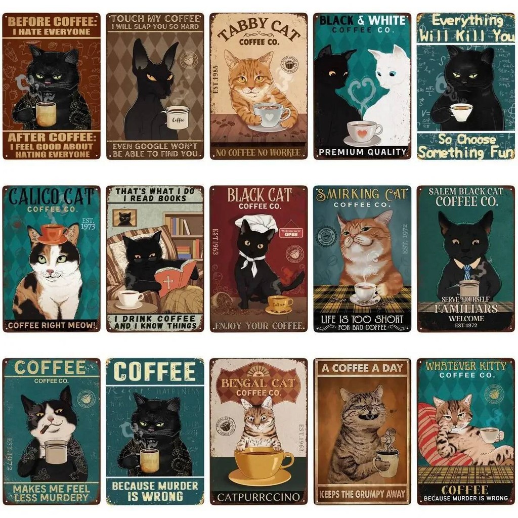 1 PC Retro Cat กาแฟป้ายโลหะ Vintage กาแฟวันช่วยให้ Grumpy Away สําหรับ Home Coffee Shop Bar Wall Decor 8x12 นิ้ว