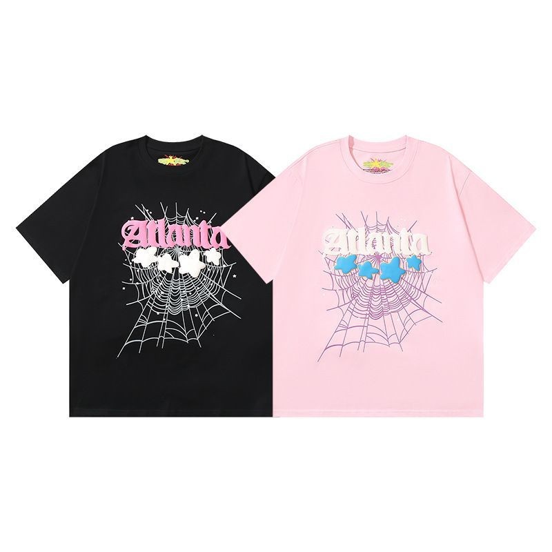 Meishi Sp5der555 Spider Web Printing ฤดูร้อนหลวมแนวโน้มคู่เสื้อยืดแขนสั้นสําหรับฤดูร้อน