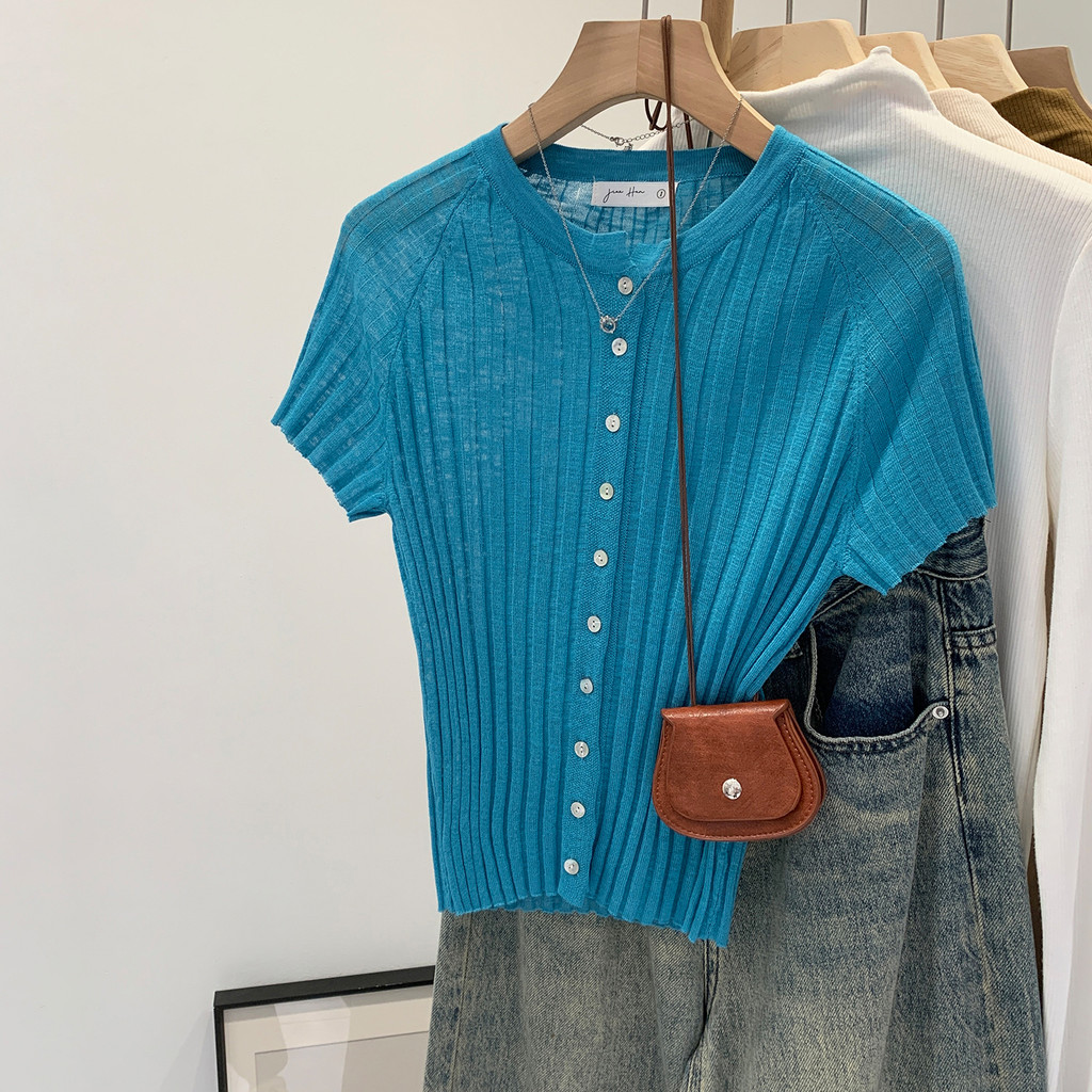 89342 Blue Single-Breasted Slim-Fit Short-Sleeved Kn