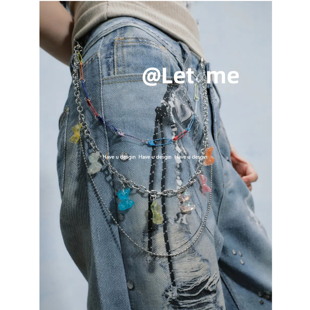 มี u desgin Dopamine Ya Culture Fashion Bear Pin Pants Chain Cute Belt Decorative Summer Jeans Pants Chain Accessories