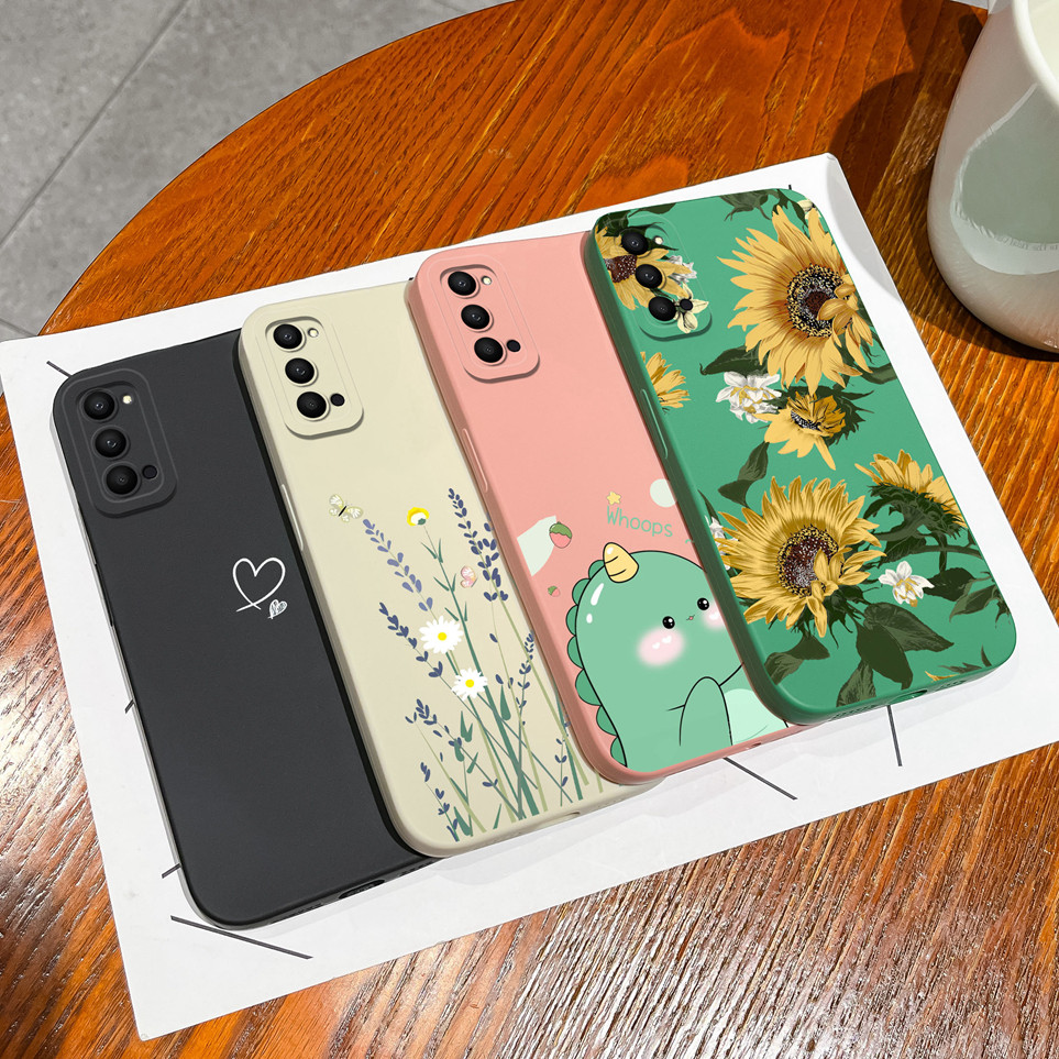 ไดโนเสาร์น่ารักสําหรับ Oppo Reno 4 4G 5G กรณี Pretty Sunflowers กรณีซิลิโคนกันกระแทก Liquid นุ่มกระเป๋าโทรศัพท์สําหรับ Reno4 ปกหลังกันชน Capa