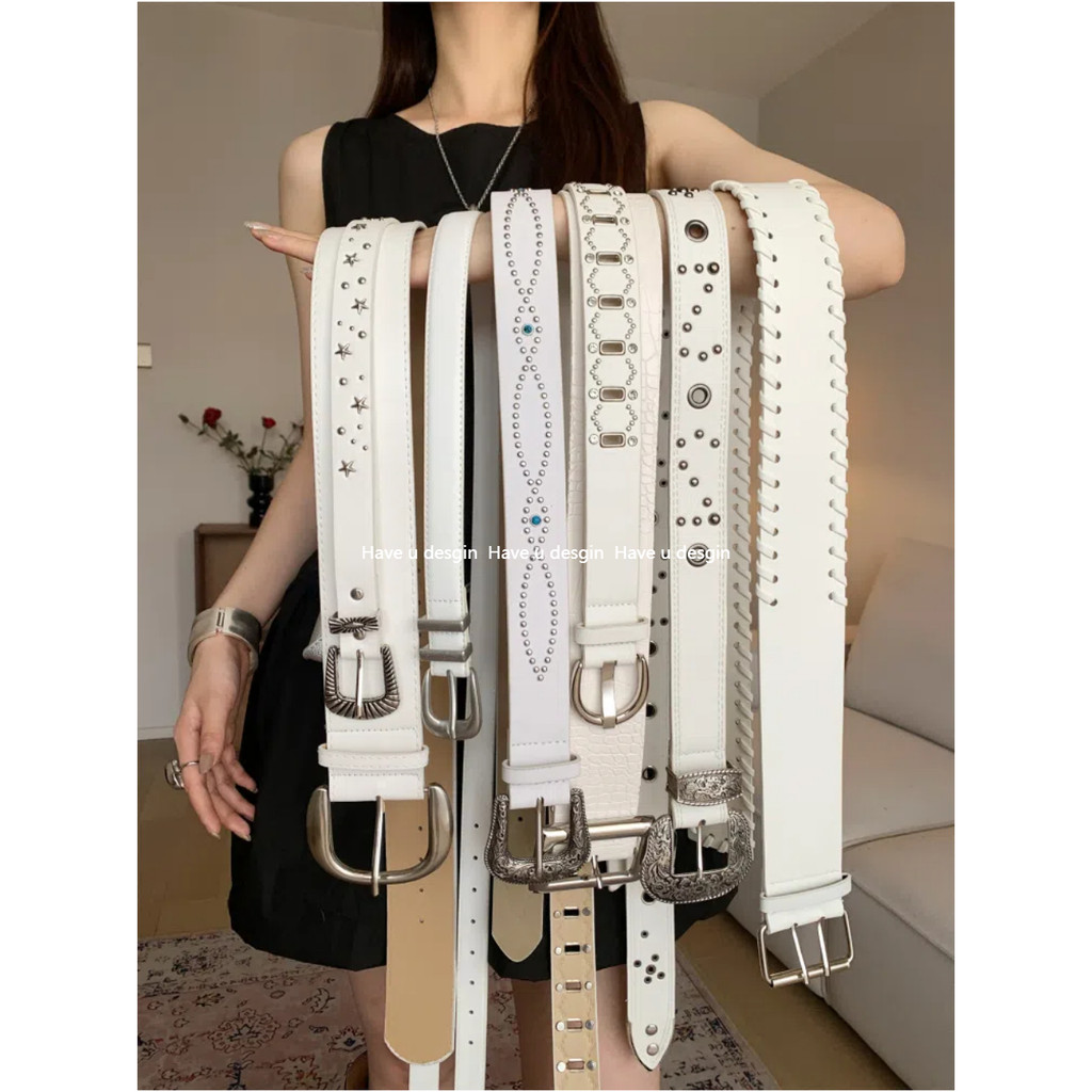 มี u desgin High-End Rivets สีขาวเรียบง่าย Preppy สไตล์เข็มขัดผู้หญิง All-Match แฟชั่นที่ไม่ซ้ํากัน Match กางเกงยีนส์เข็มขัดตกแต่ง