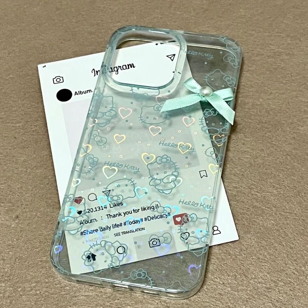 Ins Mint Green Line kitty Apple 15/14pro เคสโทรศัพท์ 13/12/11 Soft Case xr/xs Girl 78p
