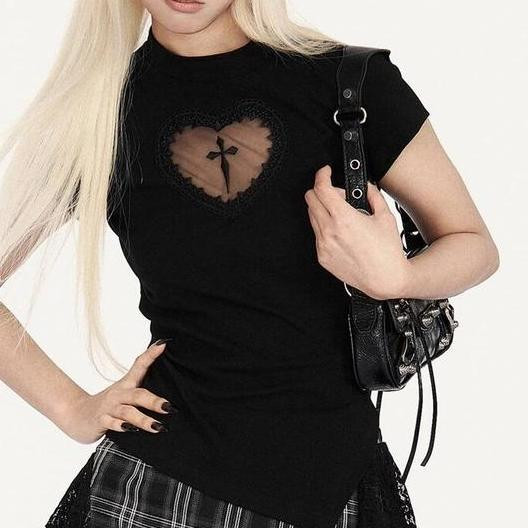 Dark Hot Girl Cross Hollow เสื้อยืดแขนสั้นเอวแคบด้านบน