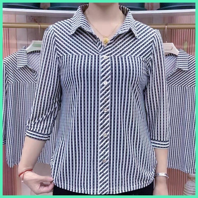 เสื้อเชิ้ตผู้หญิงลายทาง 2025 แขนสามส่วน คอโปโล ผ้าพอลิเอสเตอร์ ไซส์ใหญ่ ปกปิดพุง