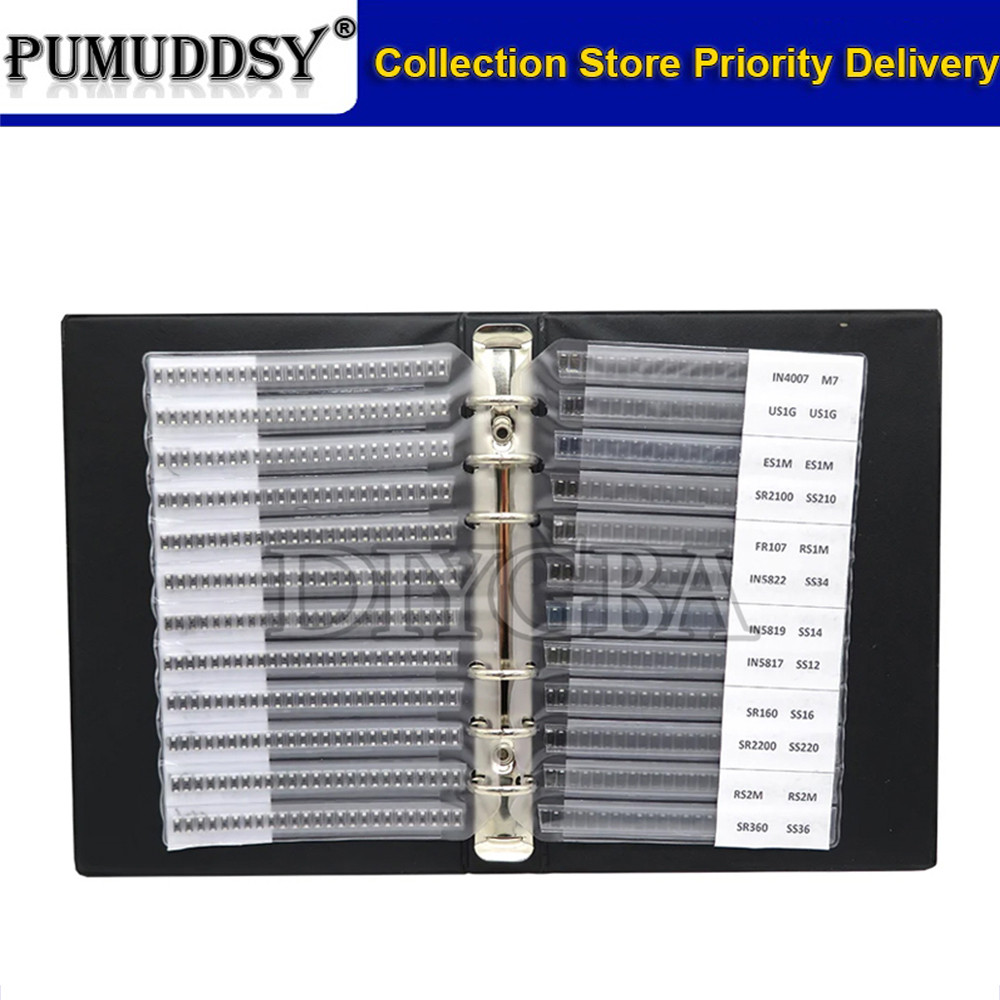 33 ค่า 825PCS 1650PCS SMA Rectifier Diode ตัวอย่างหนังสือ Assortment Kit SF18 1N5824 1N4007 SS220 RS