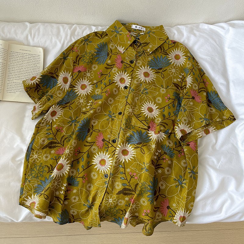 Solovely ผู้หญิง เก๋ หลวม ลายดอกไม้ เสื้อเชิ้ต เกาหลี สตรีทสไตล์ แขนสั้น เสื้อตัวบน - รูปที่ 3