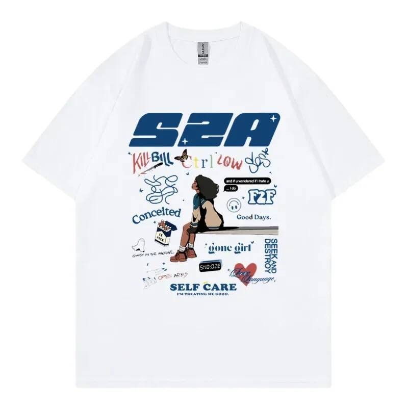 2024 ใหม่ SZA SOS เพลงผู้ชายผู้หญิงแขนสั้นVintage ผ้าฝ้ายแท้รอบคอยืดขนาดใหญ่