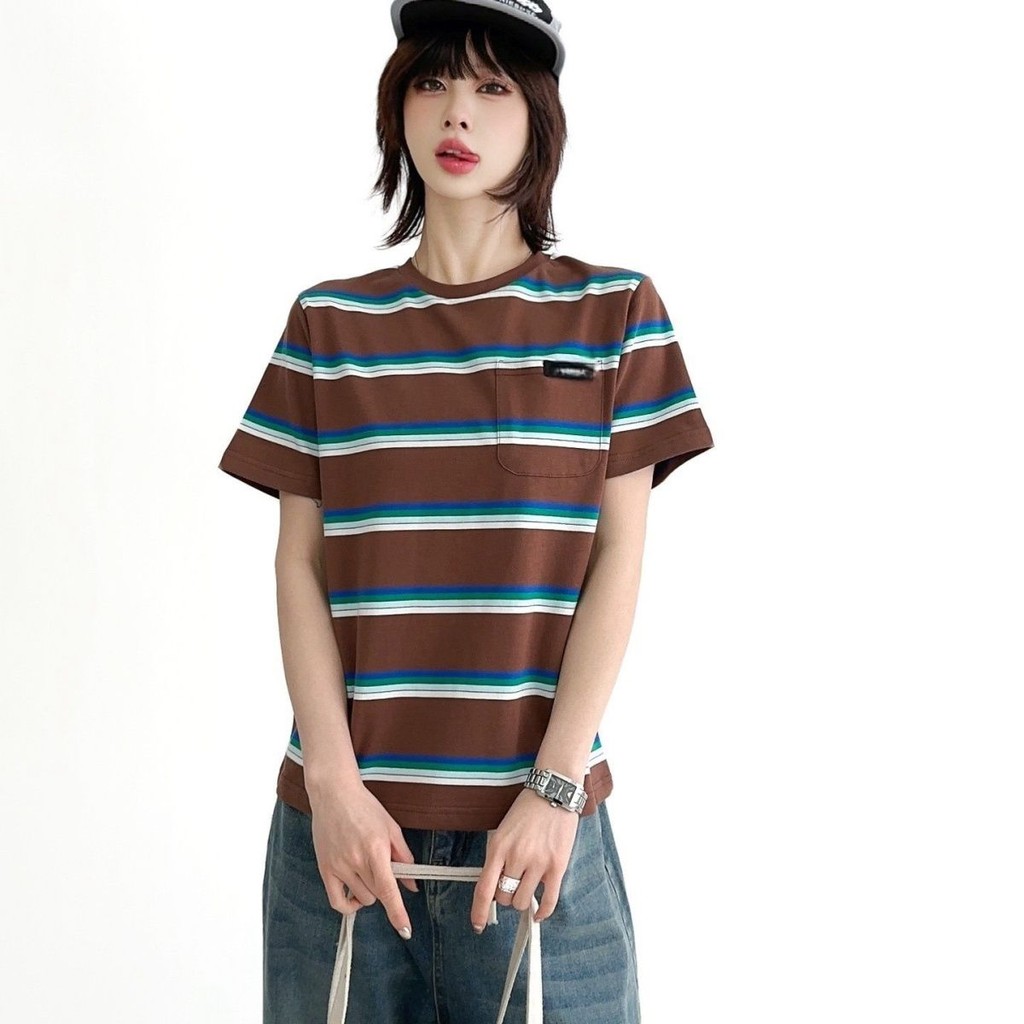 Miumiu เสื้อยืดแขนสั้นคอกลมลําลองทรงหลวมสีตัดกันลายทางใหม่