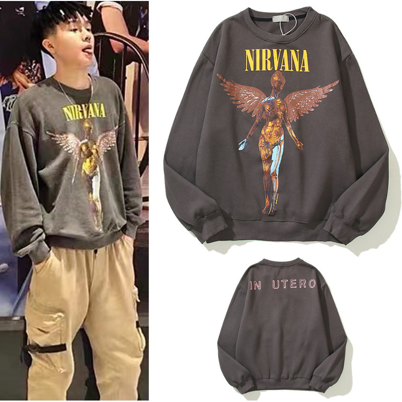 ♞,♘,♙Hot NIRVANA NIRVANA Angel Rock Band Heavy Wash Distressed ผู้ชายผู้หญิงคู่หลวมเสื้อกันหนาว Ret
