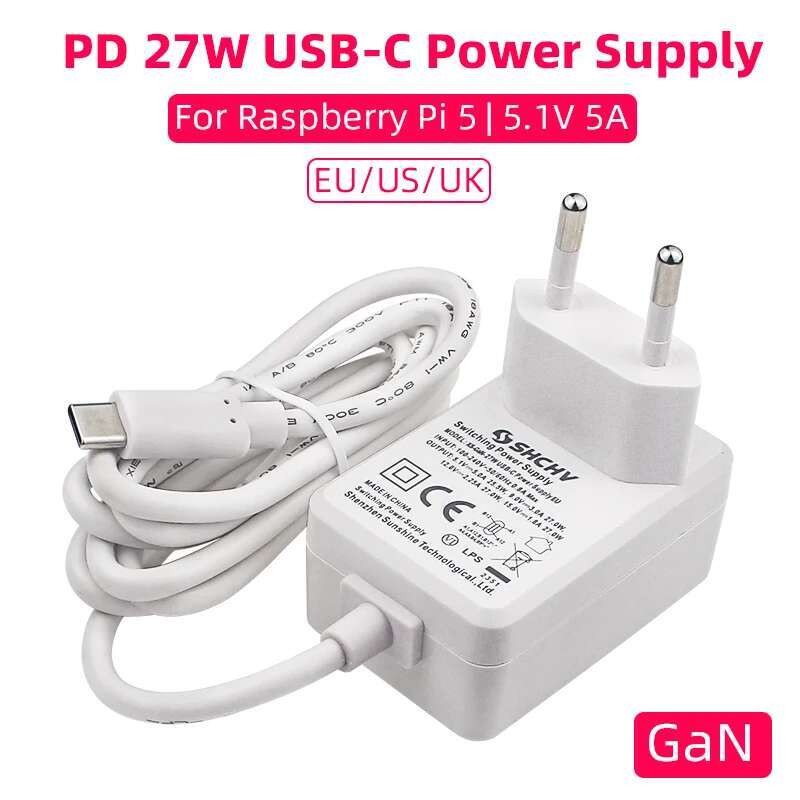 Raspberry Pi 5 5.1V 5A แหล่งจ่ายไฟ PD 27W USB Type C GaN Charger EU US UK ปลั๊กอะแดปเตอร์สําหรับ Raspberry Pi 5/4B RPI 5