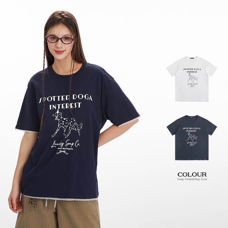 ♞เสื้อยืดผู้หญิงแขนสั้นสไตล์ยุโรปอเมริกัน พิมพ์ลายรอบคอ  WHF