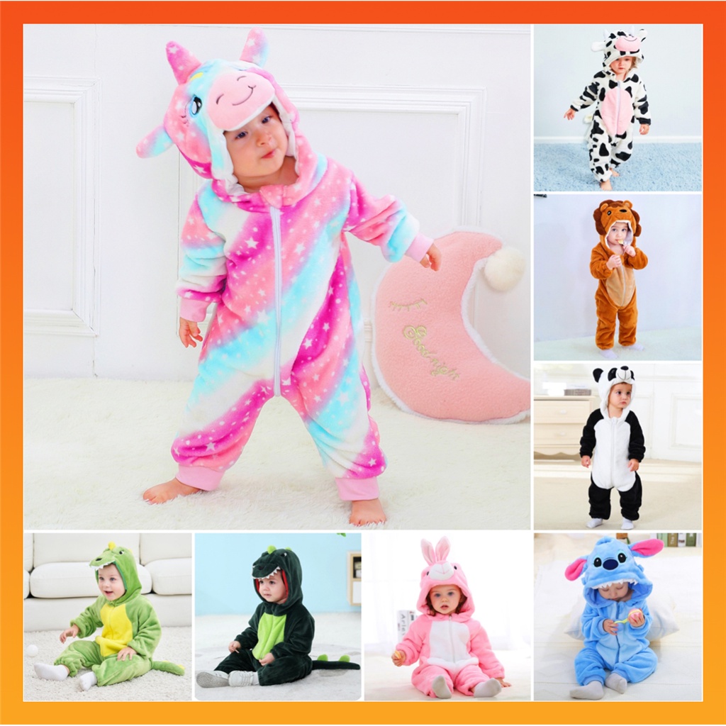 บริการจัดส่งในพื้นที่--ทารกแรกเกิด Kigurumi ยูนิคอร์นไดโนเสาร์วัวการ์ตูน Romper เด็กทารกสัตว์ชุดนอนเครื่องแต่งกาย