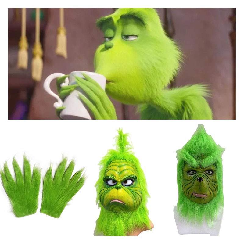 Grinch Green Christmas Costume Set Monster Gloves Mask Frightening And
