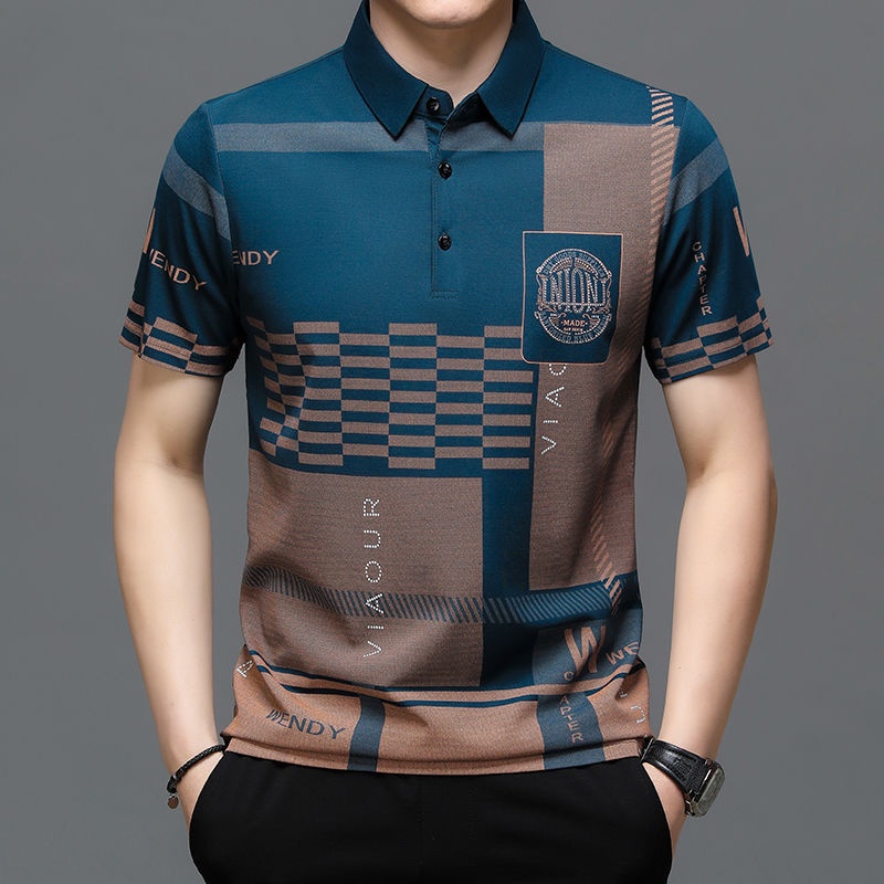 เสื้อโปโลแขนสั้น พิมพ์ลาย สไตล์เกาหลี แฟชั่นสําหรับผู้ชายวัยกลางคน และผู้สูงอายุ