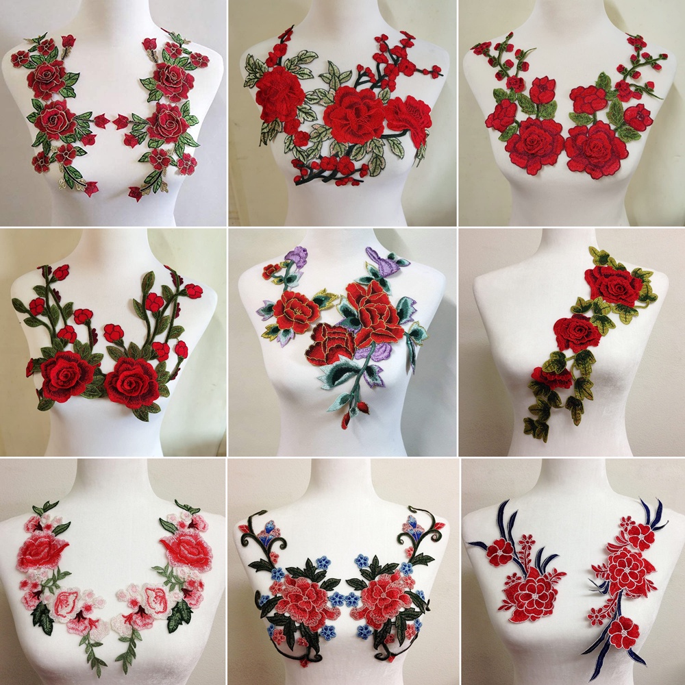 แผ่นแพทช์เย็บปักถักร้อย รูปดอกกุหลาบ สีแดง DIY สําหรับซ่อมแซมเสื้อผ้า