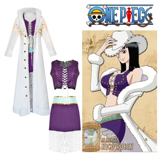 3 ชิ้น อะนิเมะ Nico Robin คอสเพลย์ เครื่องแต่งกาย Miss Allsunday ขนาดใหญ่ ขนเฟอร์ สีขาว เสื้อคลุม กันลม ผู้หญิง เซ็กซี่ ฮาโลวีน งานรื่นเริง ปาร์ตี้ ชุดสูท