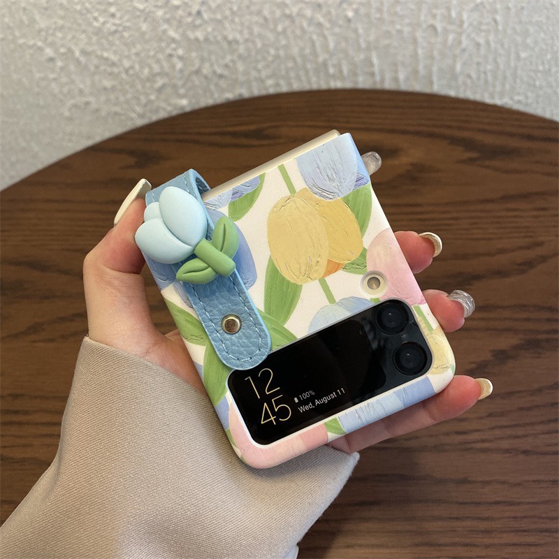 เกาหลี Kawaii เต็มหน้าจอสีฟ้า 3D Tulip สายรัดข้อมือสําหรับ Samsung Galaxy Z Flip 5 6 Z Flip5 Zflip6 Zflip3 Zflip4 ฝาครอบ