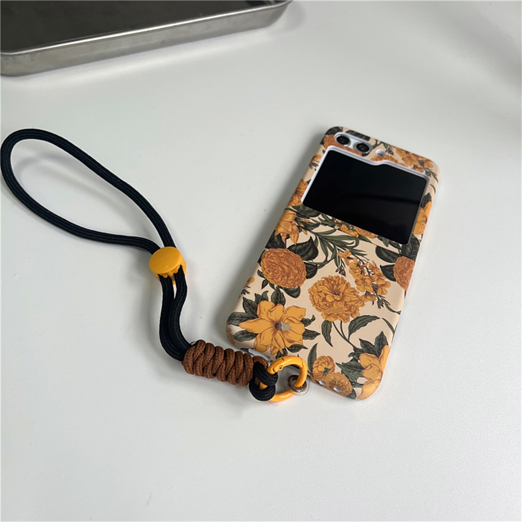Retro เกาหลีปรับสายคล้องมือเต็มหน้าจอดอกไม้ดอกไม้สีเหลืองสําหรับ Galaxy Z Flip 5 6 Flip6 Zflip6 Z Flip5 Flip5 Zflip5 แบบพกพา