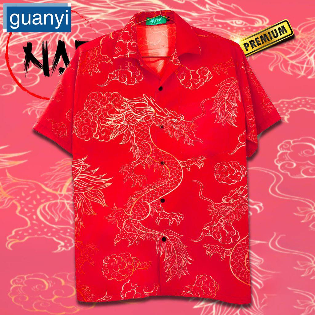 Guanyia เสื้อฮาวาย มังกรพื้นแดง V2 A1004 ผ้าไหมอิตาลีแท้