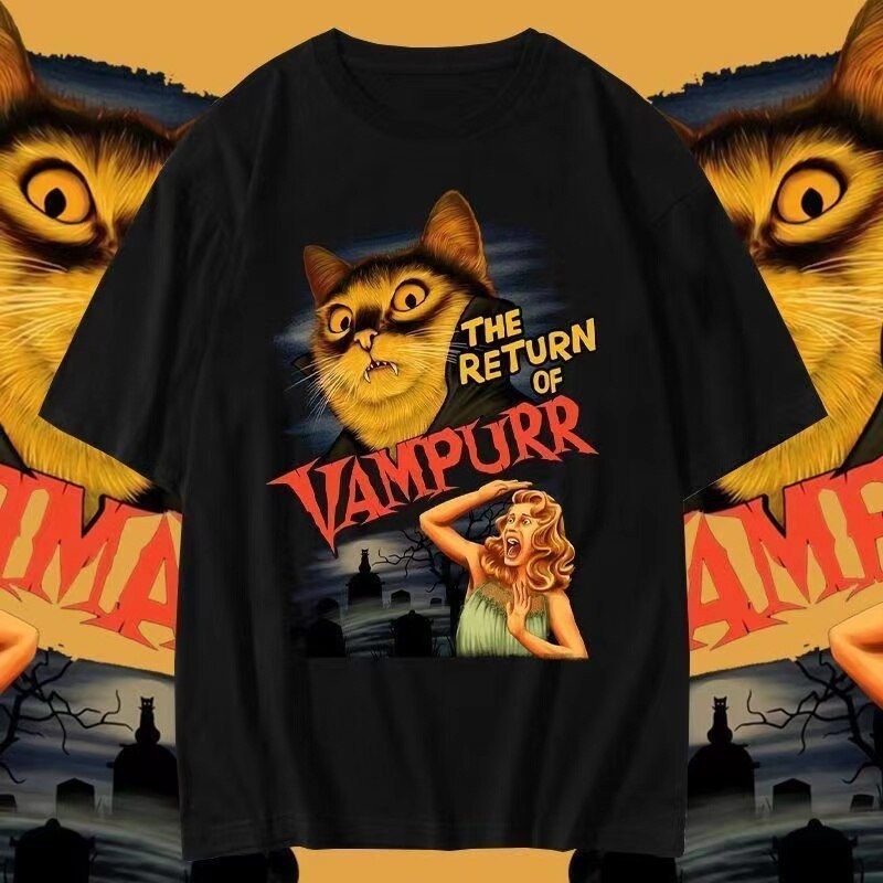 เสื้อยืดแขนสั้น ผ้าฝ้ายแท้ พิมพ์ลาย Vampire Meow Star Racing Champion Cat ขนาดใหญ่ แฟชั่นฤดูร้อน สไตล์เรโทร สําหรับผู้ชาย