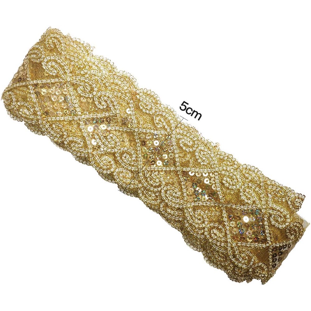 ผ้าลูกไม้ ประดับลูกปัดเลื่อม กว้าง 5 ซม. 2 หลา สําหรับตกแต่งเสื้อผ้า ราคา ถูกที่สุด ดีลบีเคเค แกลเลอรีภาพที่ 2