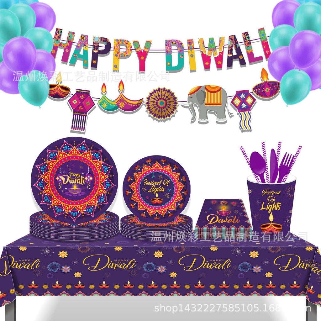 ชุดจานกระดาษแบนเนอร์ ลายธีม Happy Diwali แบบใช้แล้วทิ้ง สําหรับตกแต่งปาร์ตี้ 2025