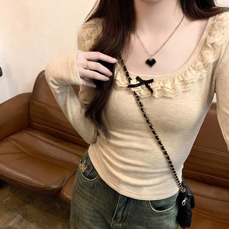 70153 เสื้อยืดคอกลม แต่งลูกไม้