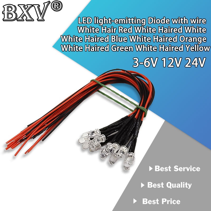 10PCS 24V 12V 3-6V 5MM LED พร้อมสาย Light-emitting Diode ความยาวสาย 20 ซม. สีขาว/แดง/เขียว/เหลือง/น้ําเงิน/ส้ม