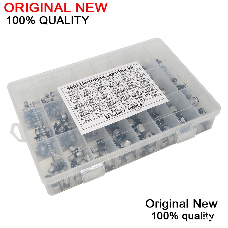 ตัวเก็บประจุอลูมิเนียม 1uF~1000uF 6.3V-50V 24Value SMD พร้อมกล่อง BXV 400 ชิ้น