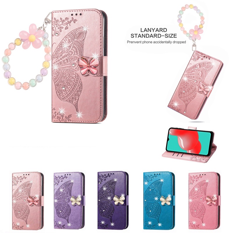 SAMSUNG ซองหนังสําหรับSamsung A07 A17 A26 A16 A55 A15 A06 A36 A56 A25 A24 A06 A53 5G 4Gกระเป๋าสตางค์Glitterเพชรผีเสื้อดอกไม้ฝาครอบโทรศัพท์พร้อมสายรัดข้อมือ