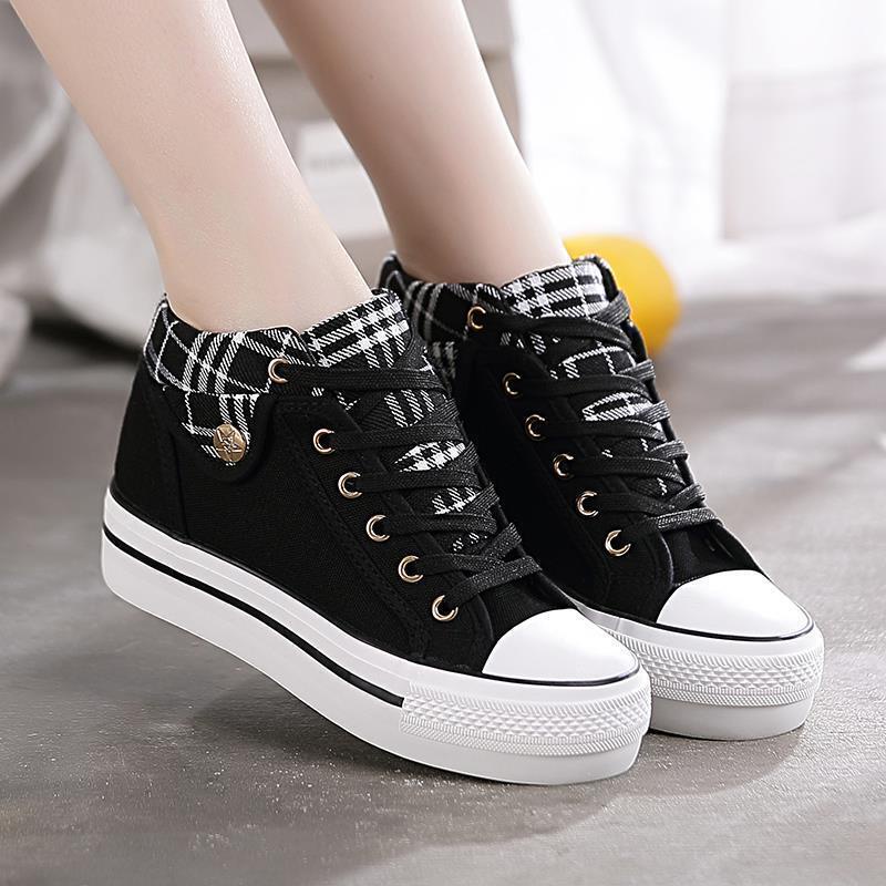 รองเท้าผ้าใบรองเท้าผ้าใบผู้หญิงแบน Mid-Top All-Match Casual รองเท้าความสูงด้านในเพิ่มรองเท้าผู้หญิงกีฬารองเท้า All-Match