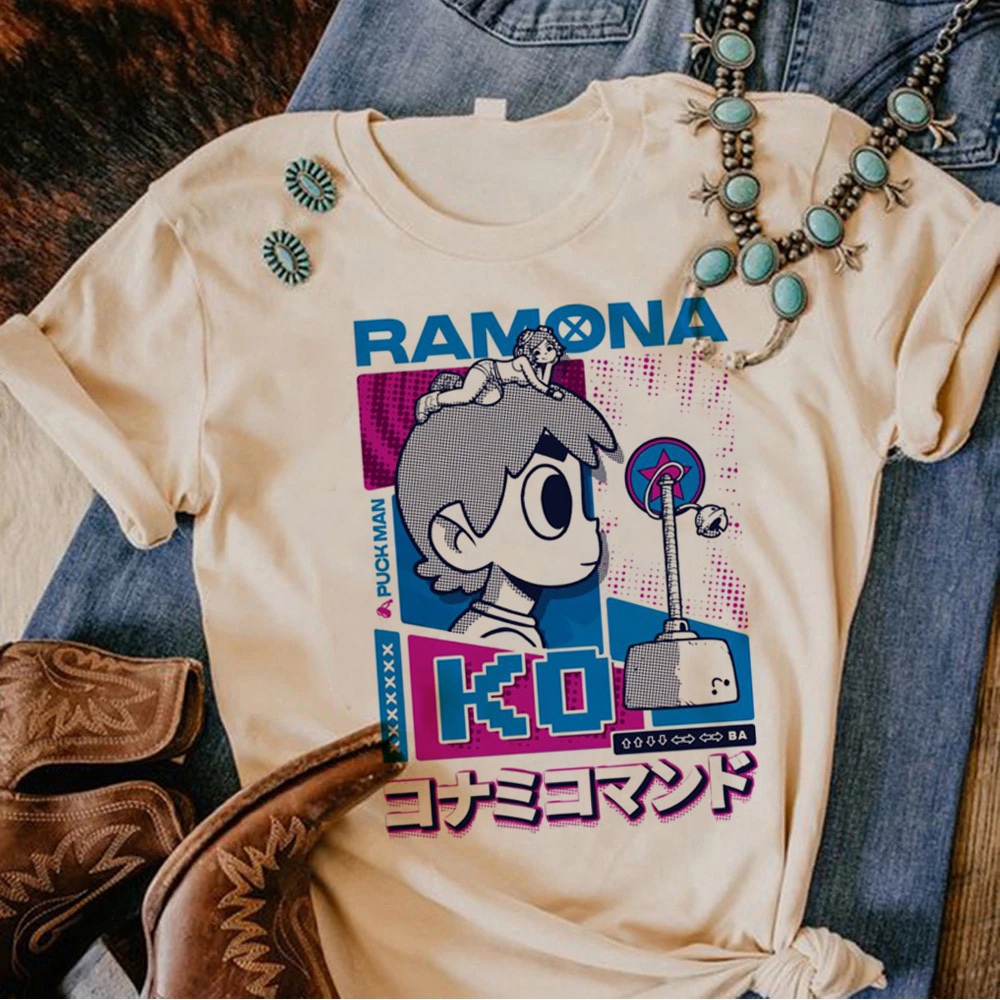 Scott Pilgrim เสื้อยืดผู้หญิง Y2K เสื้อยืดญี่ปุ่นสาวการ์ตูนดีไซเนอร์ 2000s เสื้อผ้า
